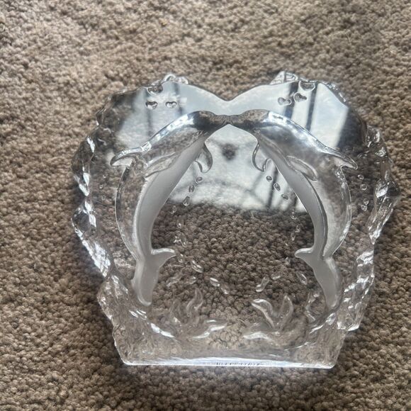 Two Dolphins Kissing Heart Laser Etched Crystal Clear See Through Ocean Sea - Picture 8 of 16